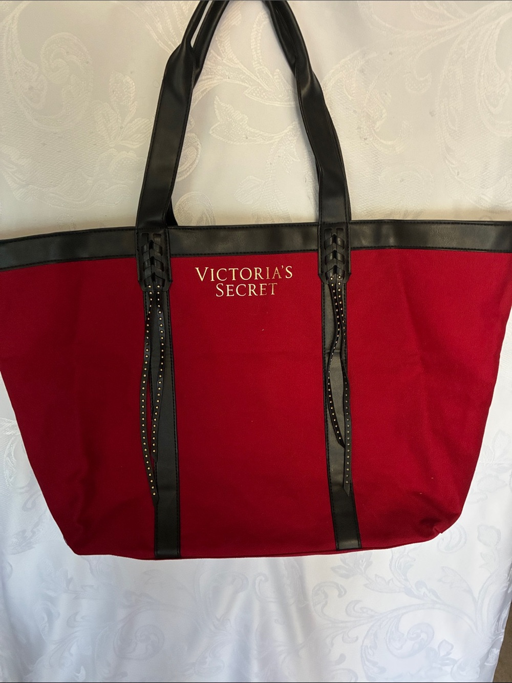 Victoria's Secret Red Canvas Tote with Black Trim and Studded Straps
